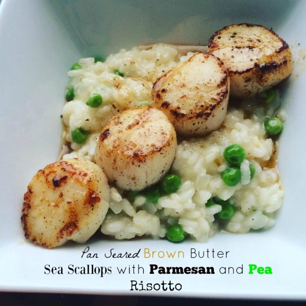 Pan Seared Brown Butter Sea Scallops with Parmesan and Pea Risotto